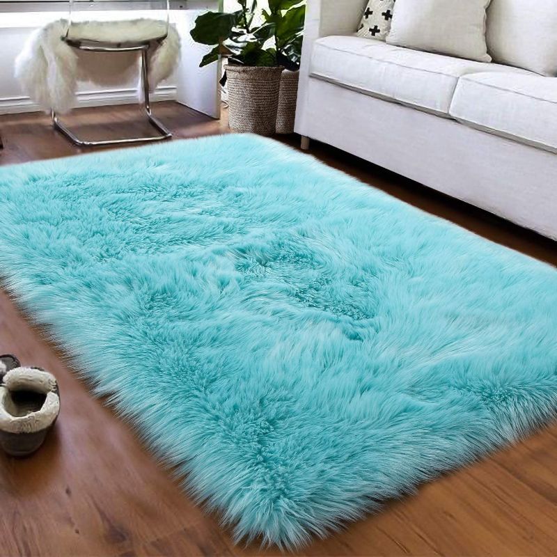 Photo 1 of  Fluffy Faux Fur Sheepskin Rugs Luxurious Wool Area Rug for Kids Room Bedroom Bedside Living Room Office Home Decor Carpet 4'X6' BLUE
