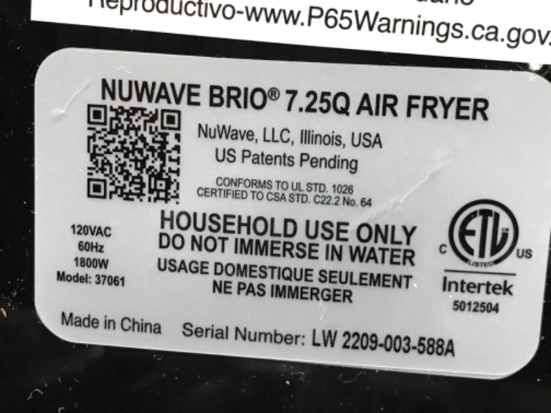 Photo 3 of ***parts only**----Nu Wave Brio 7-in-1 Air Fryer Oven, 7.25-Qt with One-Touch Digital Controls, 50°- 400°F Temperature Controls in 5° Increments, Linear Thermal (Linear T) for Perfect Results, Black 7.25QT Brio
