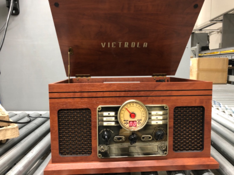 Photo 2 of Victrola Nostalgic 6-in-1 Bluetooth Record Player & Multimedia Center with Built-in Speakers - 3-Speed Turntable, CD & Cassette Player, FM Radio | Wireless Music Streaming | Mahogany Mahogany Entertainment Center (tested)