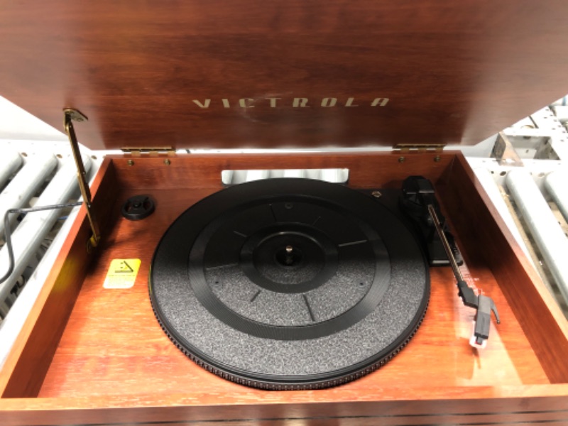 Photo 3 of Victrola Nostalgic 6-in-1 Bluetooth Record Player & Multimedia Center with Built-in Speakers - 3-Speed Turntable, CD & Cassette Player, FM Radio | Wireless Music Streaming | Mahogany Mahogany Entertainment Center (tested)