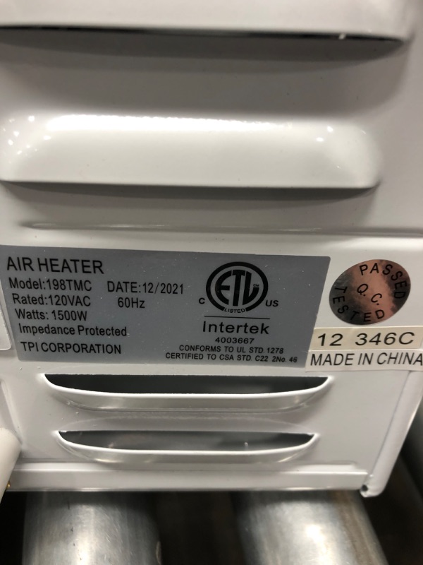 Photo 3 of ***PARTS ONLY DOES NOT POWER ON*** TPI Corporation 198TMC Fan Forced Portable Heater – Radiant, 1500/900/600W, 120V, Winter Heating Equipment. Heating Devices Floor, Quartz & Fan-Forced Heater