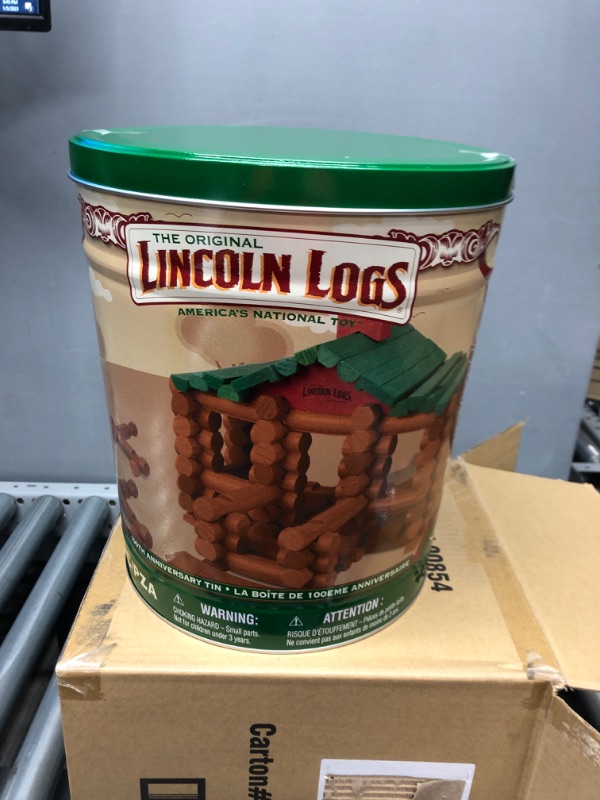 Photo 2 of ***NEW IN PACKAGING*** Lincoln Logs –100th Anniversary Tin-111 Pieces-Real Wood Logs-Ages 3+ - Best Retro Building Gift Set for Boys/Girls - Creative Construction Engineering – Top Blocks Game Kit - Preschool Education Toy, Brown (854)