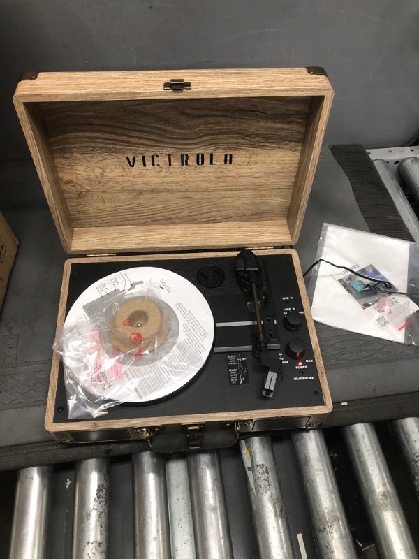 Photo 2 of Victrola Vintage 3-Speed Bluetooth Portable Suitcase Record Player with Built-in Speakers | Upgraded Turntable Audio Sound| Includes Extra Stylus | Oatmeal (VSC-550BT-FOT) (Tesetd)