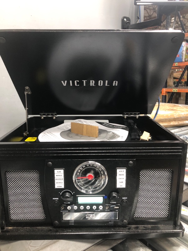 Photo 2 of (tested)Victrola 8-in-1 Bluetooth Record Player & Multimedia Center, Built-in Stereo Speakers - Turntable, Wireless Music Streaming, Real Wood | Black, 1SFA Black Entertainment Center
