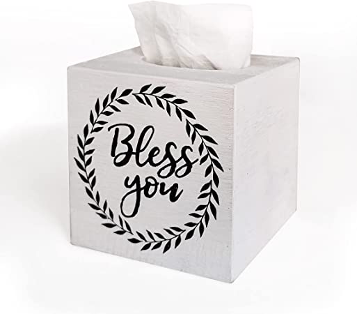 Photo 1 of GL. May Wooden Square Tissue Box Cover Bless You Rustic Tissue Holder for Bathroom, Bedroom, Living Room,Vintage Farmhouse Decor 6"x6" White
