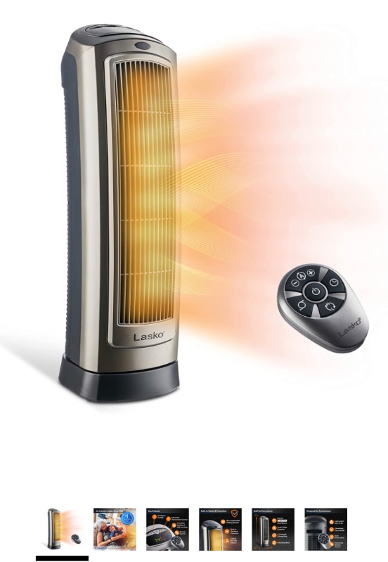 Photo 1 of Lasko Oscillating Digital Ceramic Tower Heater for Home with Adjustable Thermostat, Timer and Remote Control, 23 Inches, 1500W, Silver, 755320