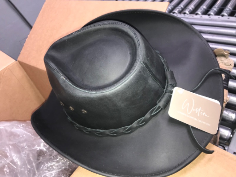 Photo 3 of Hollywood Leather Cowboy Hat — Handcrafted 100% Fine Leather Hat by American Hat Makers — Breathable, System, Brown Black X-Large