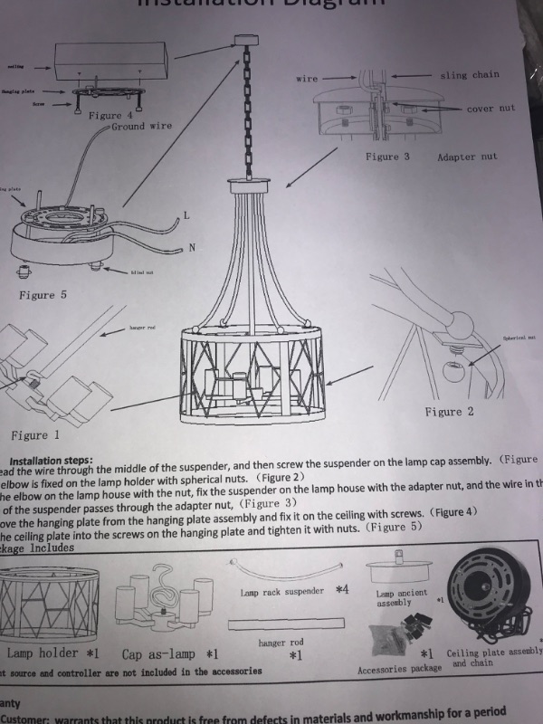 Photo 4 of **SEE NOTE** KIANDQU Farmhouse Chandelier, Round Pendant Light 4 Light Cage Ceiling Chandelier 17" Drum Hanging Lamp Fixture Rustic Metal Flush Mount Chandelier for Dining Room Kitchen Foyer, Black and White