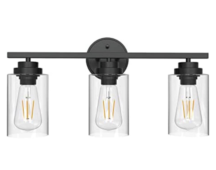 Photo 1 of 3 Light Black Bathroom Vanity Light Fixtures,Farmhouse Vanity Lighting Over Mirror ,Modern Bathroom Lighting Fixtures with Clear Glass Shade, Mattle Black Bathroom Wall Sconces (3 Lights)