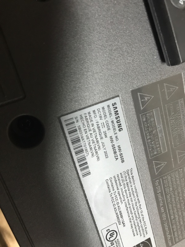 Photo 5 of ****POWERS ON, UNABLE TO TEST BLUETOOTH*****
SAMSUNG HW-S50B/ZA 3.0ch All-in-One Soundbar w/Dolby 5.1, DTS Virtual:X, Q Symphony, Built in Center Speaker, Adaptive Sound Lite, Bluetooth Multi Connection, 2022 Black
