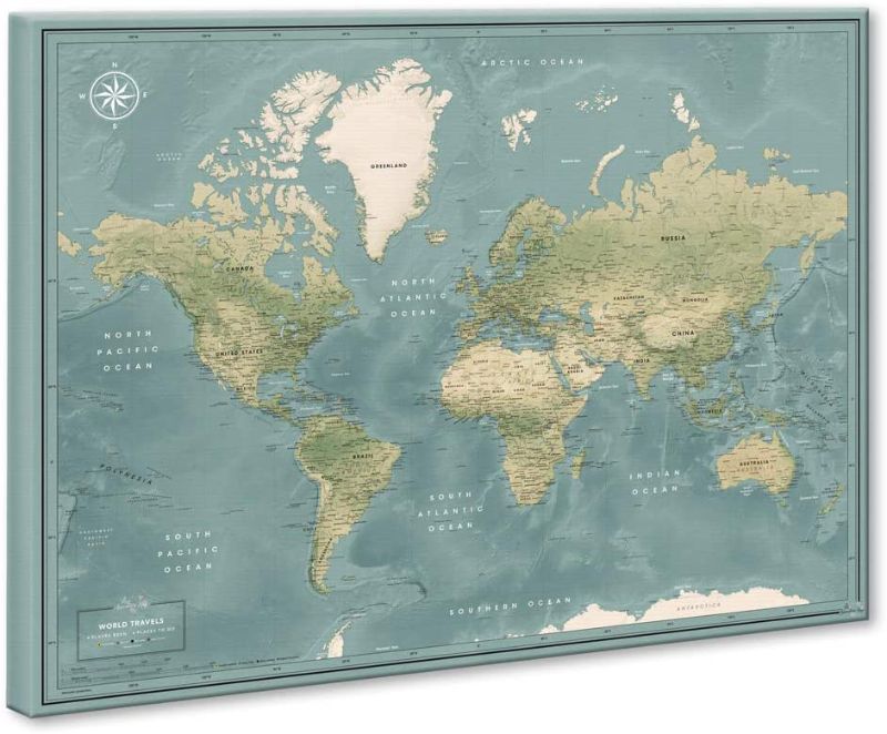 Photo 1 of World Travel Map Pinboard on Canvas | World Map Wall Art | Detailed Push Pin Map to Mark Places Traveled (32 x 24)