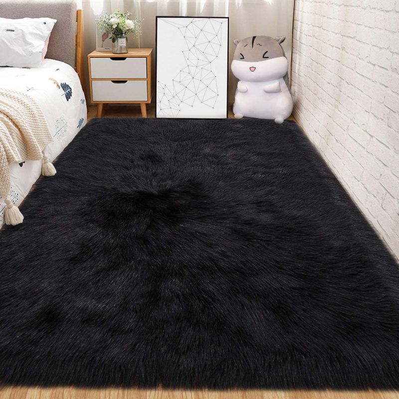 Photo 1 of Andecor Soft Fluffy Faux Fur Bedroom Rugs 4 x 6 Feet Indoor Wool Sheepskin Area Rug for Girls Baby Living Room Chair Sofa Home Decor Floor Carpet, Black
