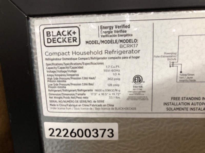 Photo 2 of *** USED *** **** TESTED POWERED ON ****
BLACK+DECKER BCRK17B Compact Refrigerator Energy Star Single Door Mini Fridge with Freezer, 1.7 Cubic Feet, Black Black Mini Fridge