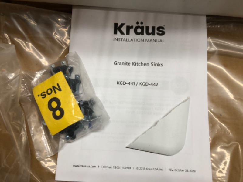 Photo 7 of *** two corners have damage. One is broken the second corner has a fracture see photo****
KRAUS KGD-441 Quarza 25-inch Dual Mount Single Bowl Granite Kitchen Sink in White Sink White