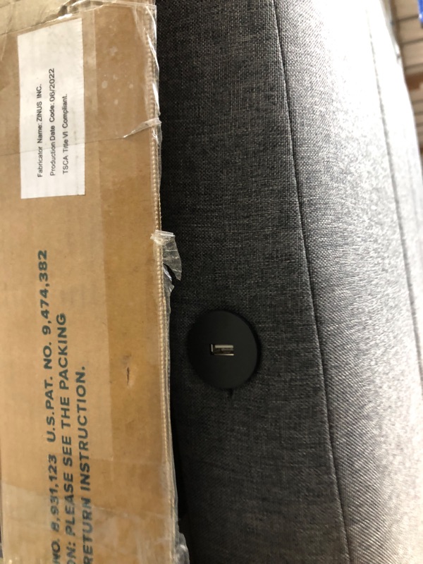Photo 1 of **PARTS ONLY !! ZINUS Maddon Upholstered Platform Bed Frame with USB Ports / Mattress Foundation / Wood Slat Support / No Box Spring Needed / Easy Assembly, Grey, Twin Grey Twin USB Ports
