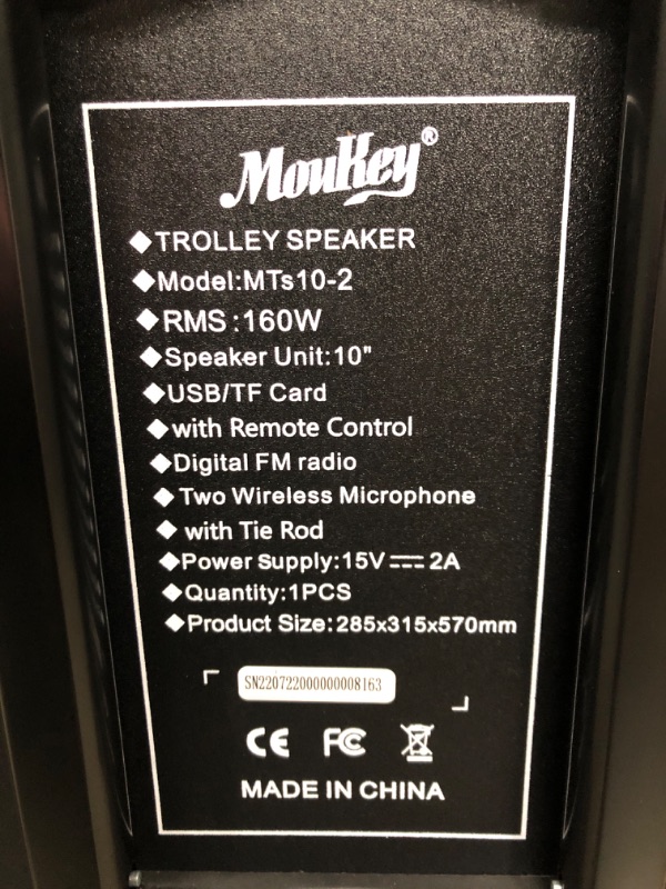 Photo 6 of *Minor Damage-Sound Screen bent in-See Photos* Moukey Karaoke Machine, PA System Subwoofer, Portable Bluetooth Speaker w/ 2 Wireless Microphones, Lyrics Display Holder, Party Lights & Echo/Treble/Bass Adjustment, Support TWS/REC/AUX/MP3/USB/TF/FM 10" Subw