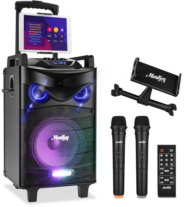 Photo 1 of *Minor Damage-Sound Screen bent in-See Photos* Moukey Karaoke Machine, PA System Subwoofer, Portable Bluetooth Speaker w/ 2 Wireless Microphones, Lyrics Display Holder, Party Lights & Echo/Treble/Bass Adjustment, Support TWS/REC/AUX/MP3/USB/TF/FM 10" Subw