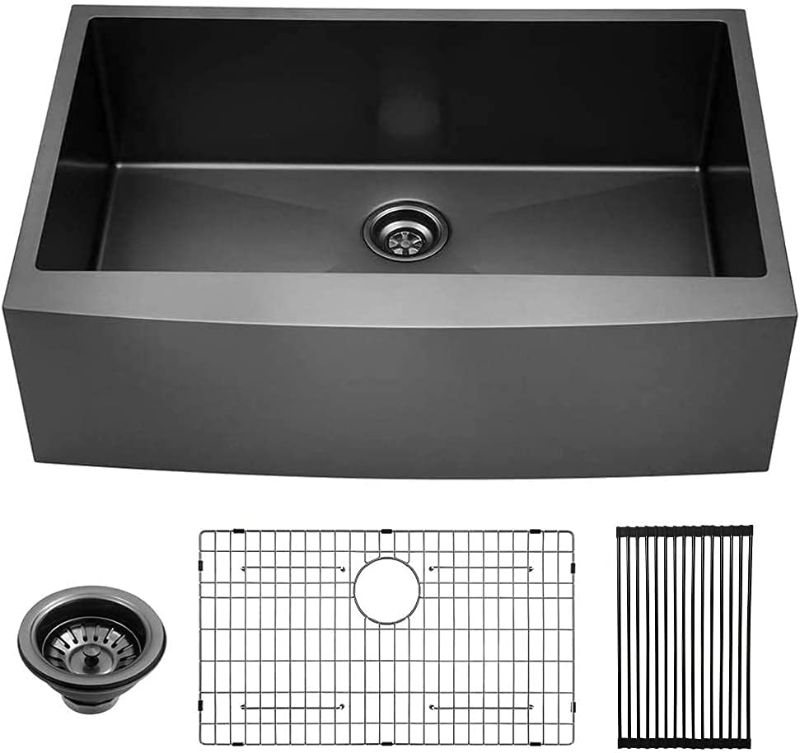 Photo 1 of (BROKEN)Gunmetal Black Stainless Farm Sink - Lordear 33 inch Farmhouse Sink 16 Gauge Apron Front Deep Single Bowl Stainless Steel Kitchen Farm Sink