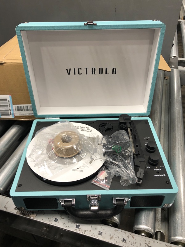 Photo 3 of Victrola Vintage 3-Speed Bluetooth Portable Suitcase Record Player with Built-in Speakers | Upgraded Turntable Audio Sound| Includes Extra Stylus | Turquoise, Model Number: VSC-550BT