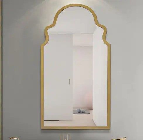 Photo 1 of 20 in. W x 36 in. H Large Crown Arched Mirror Metal Framed Wall Bathroom Vanity Mirror Arched Mirror in Gold
