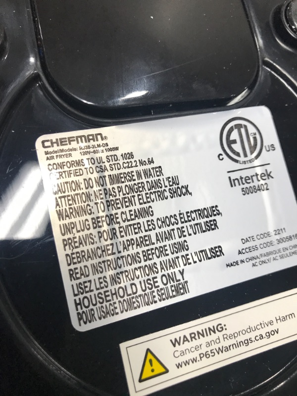 Photo 3 of 
*****tested
powers on****CHEFMAN Small, Compact Air Fryer Healthy Cooking, 2 Qt, Nonstick, User Friendly and Adjustable Temperature Control w/ 60 Minute Timer & Auto Shutoff, Dishwasher Safe Basket, BPA - Free, Black Black - 2 Quart