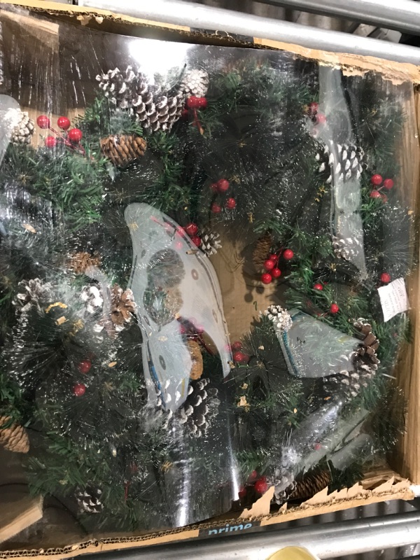Photo 1 of 26" Prelit Artificial Christmas Wreath 80 Lights Timer Battery Operated Red Berries Pinecones Snowy Bristle Pine Thick Xmas Wreath for Front Door Christmas Decoration Home Indoor Outdoor(Warm White)