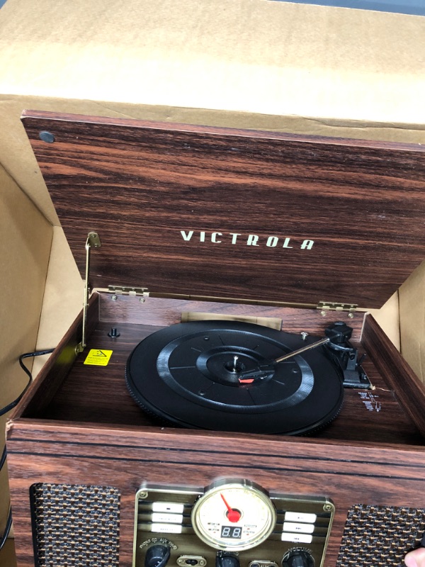 Photo 4 of Victrola Nostalgic 6-in-1 Bluetooth Record Player & Multimedia Center with Built-in Speakers - 3-Speed Turntable, CD & Cassette Player, AM/FM Radio | Wireless Music Streaming | Espresso Espresso Entertainment Center