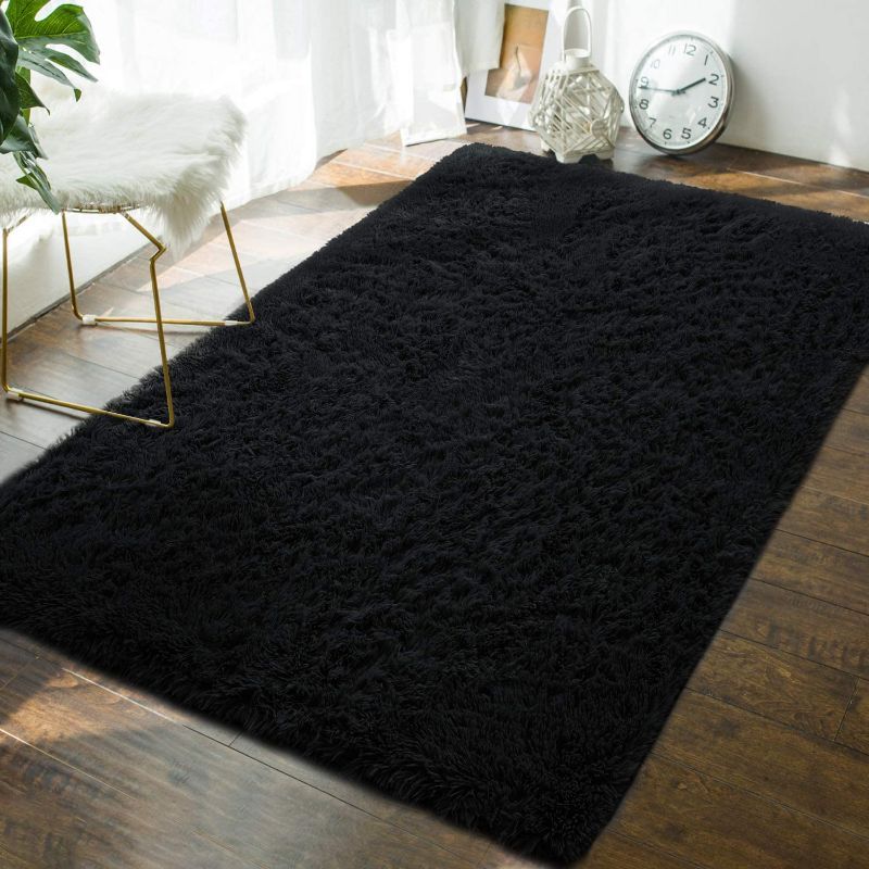 Photo 1 of Andecor Soft Fluffy Bedroom Rugs - 4 x 6 Feet Indoor Shaggy Plush Area Rug for Boys Girls Kids Baby College Dorm Living Room Home Decor Floor Carpet, Black
