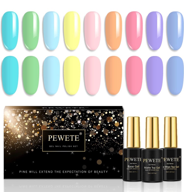 Photo 1 of PEWETE UV Gel Nail Polish Set, Macaron Series, Light Pink Purple Blue Green Yellow Colors Nail No Wipe Base and Glossy & Matte Top Coat 12 Pcs