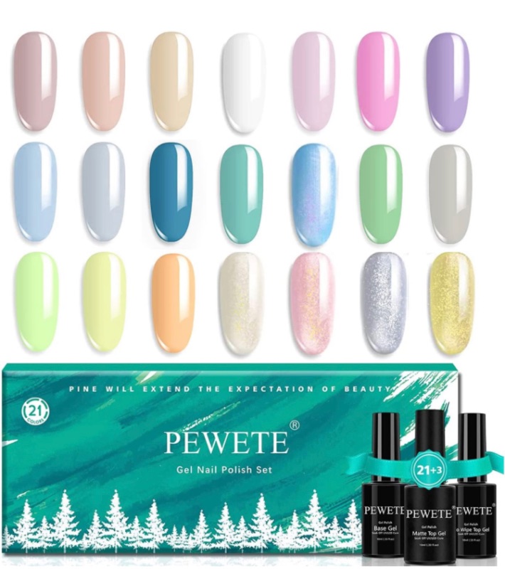 Photo 1 of PEWETE Gel Nail Polish Kit 24 Pcs pink Skyblue Oldlace Gold Silver Turquoise Spring & Summer Color Gel for Starter Kit with Glossy & Matte Top Coat and Base Coat