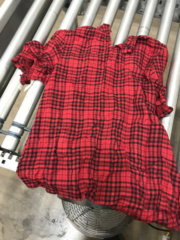 Photo 2 of Amazon Essentials Women's Fluid Twill Short Puff Sleeve Smock Detail Shirt Medium Red/Black, Medium Plaid