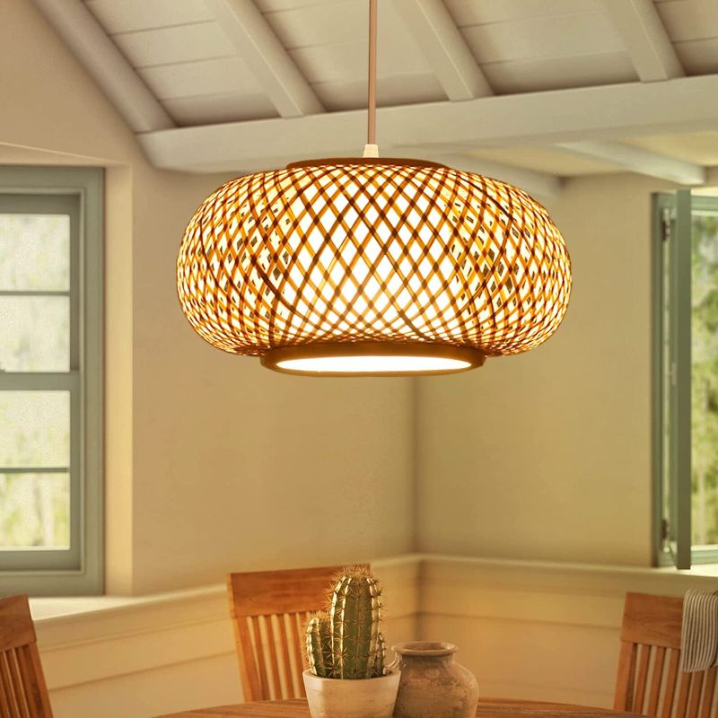 Photo 1 of 16 Inch Bamboo Pendant Light Boho Chandelier Woven Light Fixture Rattan Basket Light Fixture Bamboo Chandelier for Kitchen Island Living Room Dining Room Farmhouse.
