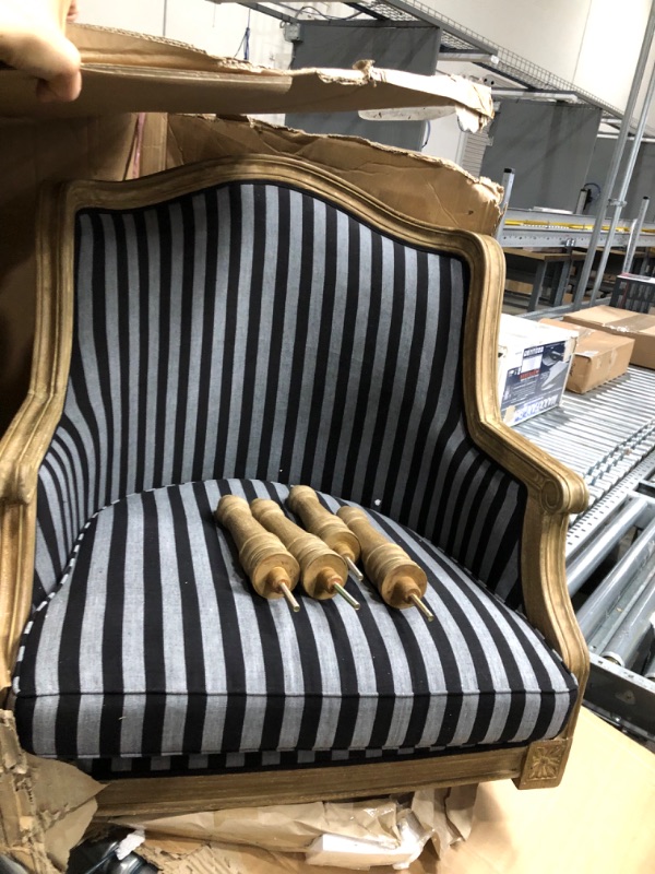 Photo 4 of ***WOODEN BORDER ALONG RIGHT SIDE OF HEADREST IS FRACTURED SEE PHOTO****
Baxton Studio Charlemagne Traditional French Black and Grey Striped Accent Chair