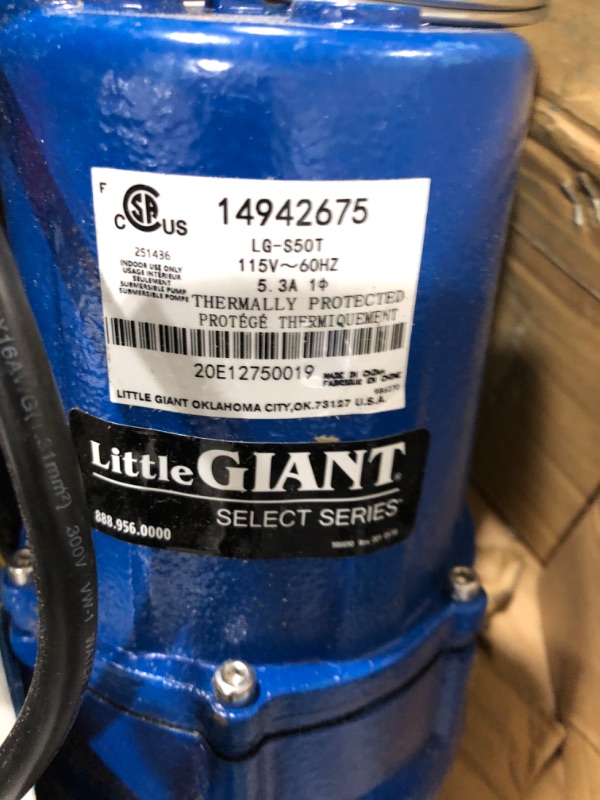 Photo 2 of ***plugged into power outlet but nothing happend***
Little Giant Select Series LG-S50T 115-Volt, 1/2 HP, 4300 GPH Cast Iron Sump Pump with Tethered Switch, Blue, 14942675u