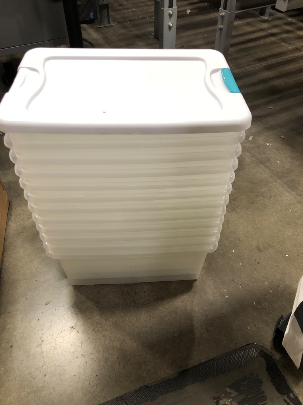 Photo 2 of **** MISSING LIDS ****
Sterilite 15 Qt./14 L Latching Box Clears, Quart, White, 12 Piece 15 qt 12-Pack Boxes