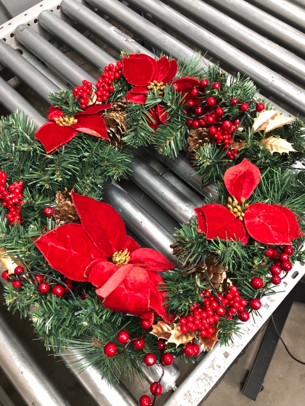 Photo 2 of 24 IN Christmas-Wreath,Christmas-Wreaths-for-Front-Door,Pre-Lit-Christmas-Decorations Door Wreath with 50 LED Lights,Poinsettia Flowers,Artificial Indoor/Outdoor Home Decor Gift Wreath for Door Mantel