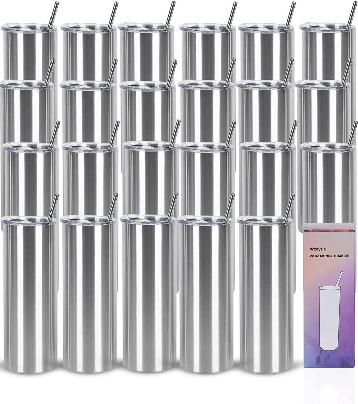 Photo 1 of 24 Pack 20 Oz Straight Skinny Tumblers,Individually Gift Boxed Stainless Steel Slim Skinny Tumbler Set Bulk, 20 Oz Insulated Slim Thin Travel Tumbler Cup for Diy, Silver
