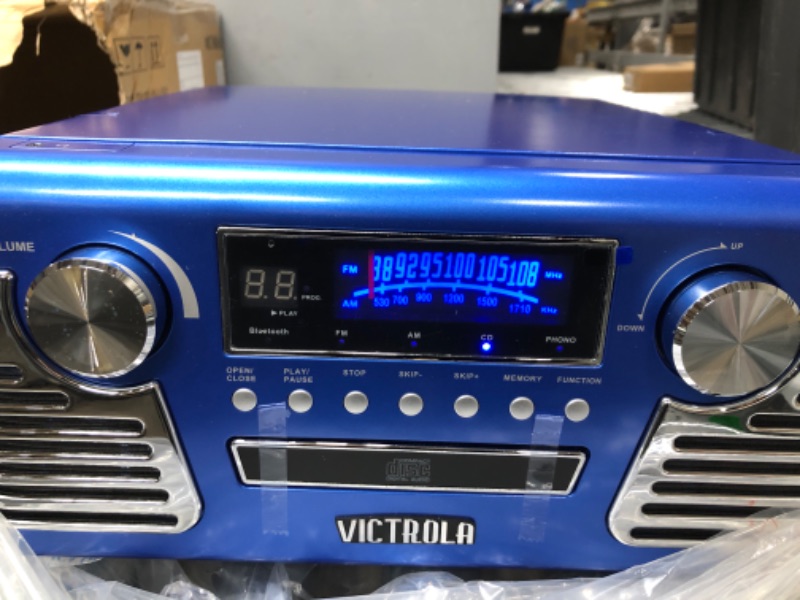 Photo 4 of Victrola Retro Record Player with Bluetooth and 3-Speed Turntable (Blue) Blue Record Player