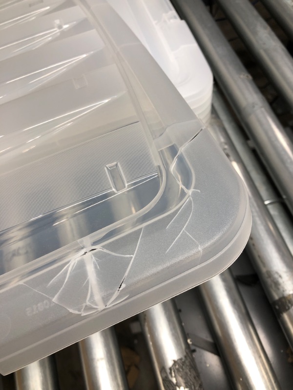 Photo 1 of *Major Damage-See Photos/Clerk Notes *IRIS USA 53 Qt. Plastic Storage Bin Tote Organizing Container with Durable Lid and Secure Latching Buckles, Stackable and Nestable, 6 Pack, clear with Black Buckle f) 53 Qt. - 6 Pack