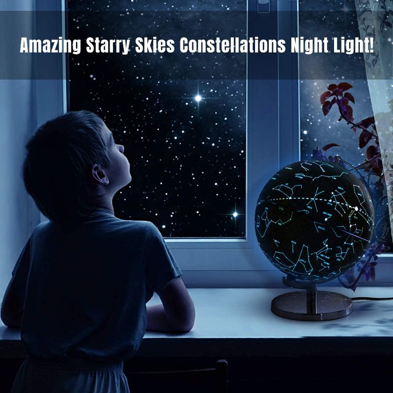 Photo 1 of 9" Illuminated Educational Kids World Globe + STEM Flags & Countries Interactive Card Game. 3 in 1 Children Desktop Spinning Earth Political & Constellation Maps, LED Night Light Lamp with Stand