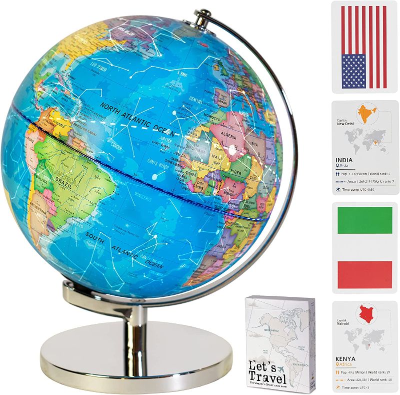 Photo 1 of 9" Illuminated Educational Kids World Globe + STEM Flags & Countries Interactive Card Game. 3 in 1 Children Desktop Spinning Earth Political & Constellation Maps, LED Night Light Lamp with Stand