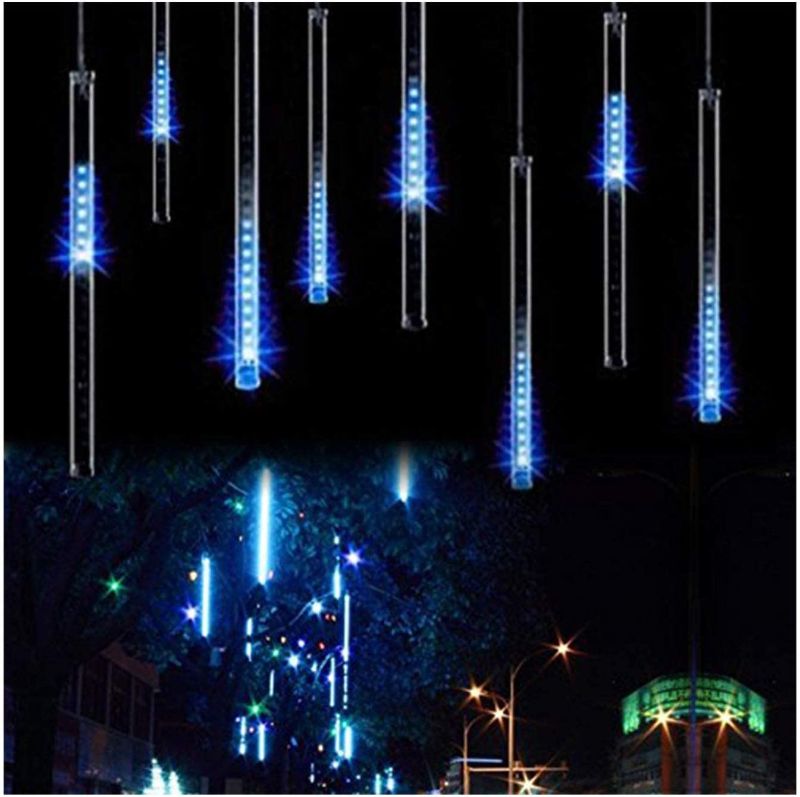 Photo 1 of 20 Inches 12 Tubes 576 LED Meteor Shower Rain Lights - Waterproof Drop Icicle Snow Falling Raindrop Cascading Lights for Garden Wedding Party Christmas Shine Blue