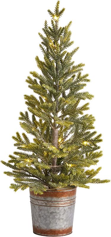 Photo 1 of 26in. Pine Natural Look Artificial Christmas Tree with 35 Warm White Lights in Rustic Metal Planter
