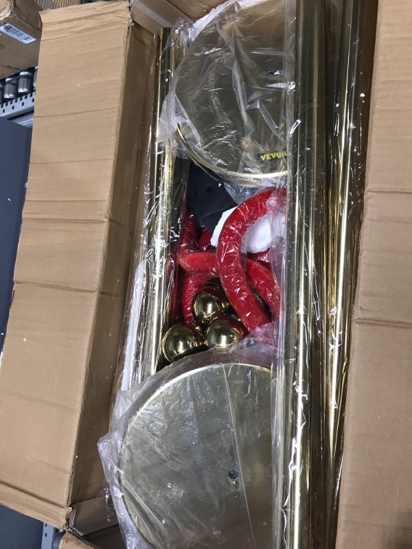 Photo 1 of ***Major damage/see last photo***Stainless Steel Crowd Control Stanchions and Velvet Ropes Ball Round Top Gold Pillar 3 Red Ropes 1.5m 4 Pack
