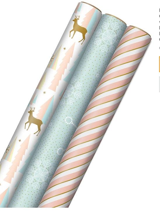 Photo 1 of  Hallmark Peachy Pink Christmas Wrapping Paper with Cut Lines on Reverse (3 Rolls: 120 sq. ft. ttl) Minty Blue, Gold, Reindeer, Christmas Trees, Snowflakes
