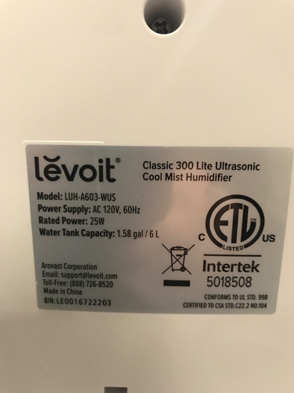 Photo 4 of *tested, item is FUNCTIONAL* LEVOIT Cool Mist Humidifiers for Bedroom Large Room(6L), Lasts 60 Hours, Top Fill Design, 505 sq ft Coverage for Home, Plants & Whole House, Whisper Quiet, Easy to Use and Clean, Auto Shut off, Grey
