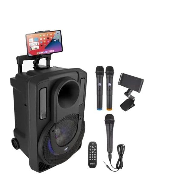 Photo 1 of (TESTED) 12’’ Portable PA Speaker System - Wireless BT Streaming PA & Karaoke Party Audio Speaker, Two Wireless Mic, Wired Microphone, Tablet Stand - PHPWA12TB & Microphone Stand 12 inch Speaker System 