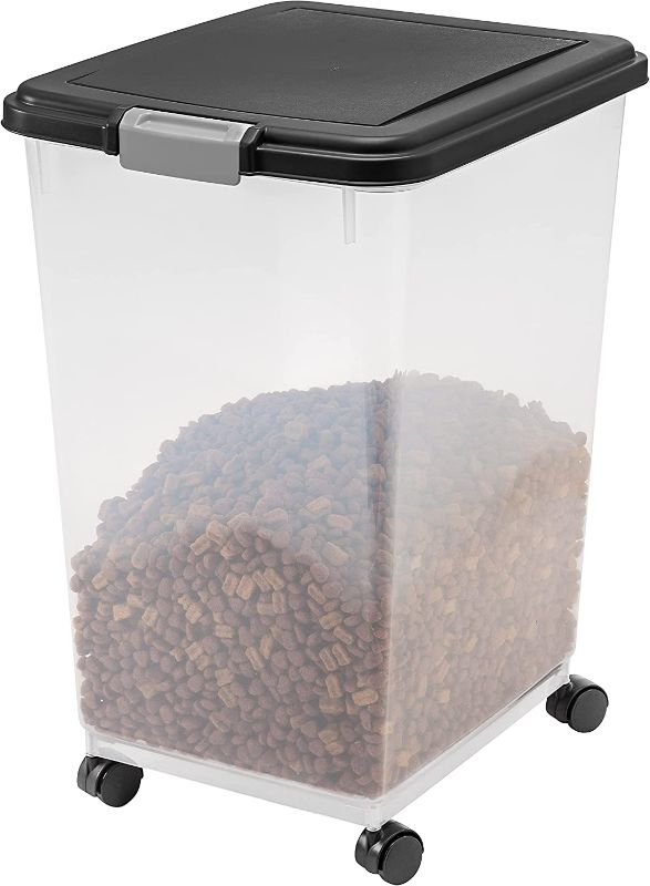 Photo 1 of (See photo for damage) IRIS USA 50Lbs./69Qt. WeatherPro Airtight Pet Food Storage Container with Attachable Casters, For Dog Cat Bird and Other Pet Food Storage Bin, Keep Fresh, Translucent Body, Easy Mobility, Black
