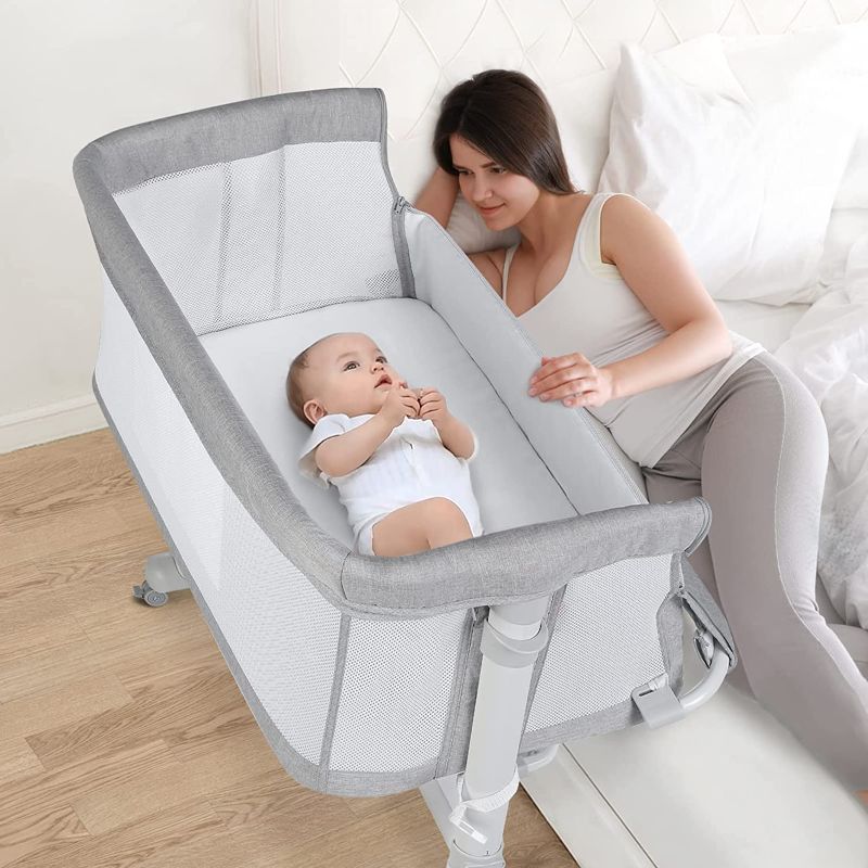Photo 1 of COMOMY Baby Bassinet Bedside Sleeper, Baby Bed Bedside Crib with Wheels, Co Sleeper for Newborn Baby Infant, 4-Sided Mesh, Adjustable Height (Grey)
*legs look wood in color please see pictures
