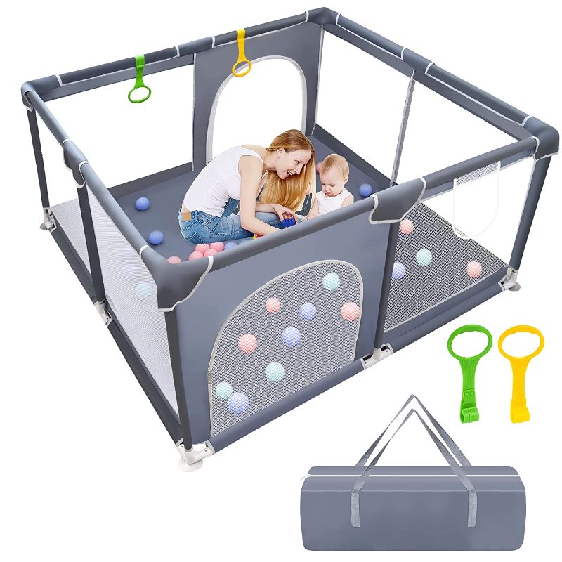 Photo 1 of BAIYI Baby Playpen, Playpen for Toddle, Playpen for Babies with Gate Indoor & Outdoor Kids Activity Center, Sturdy Safety Play Yard with Soft Breathable Mesh, Baby Playard (Grey,50”×50”)
